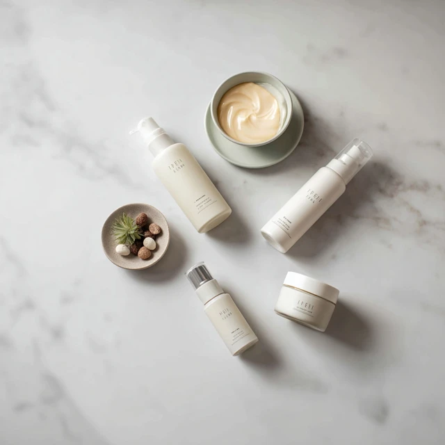 Minimalist Skincare Product Flat Lay on Marble