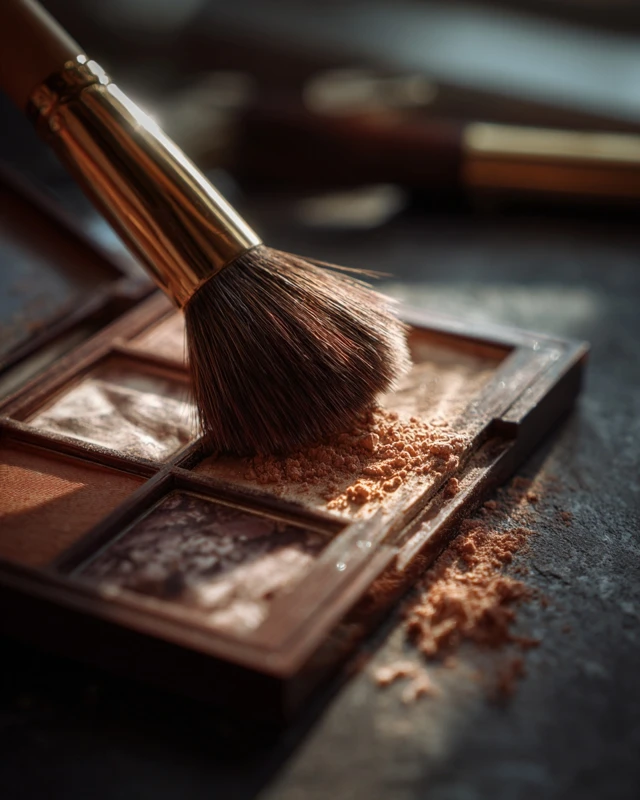 Makeup brush applying powder to eyeshadow palette