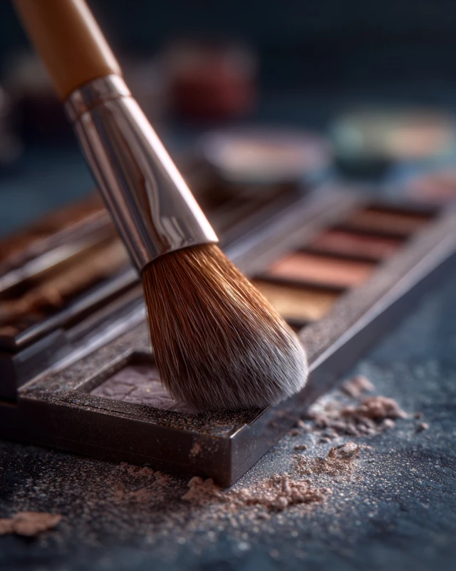 Makeup brush and eyeshadow palette close-up