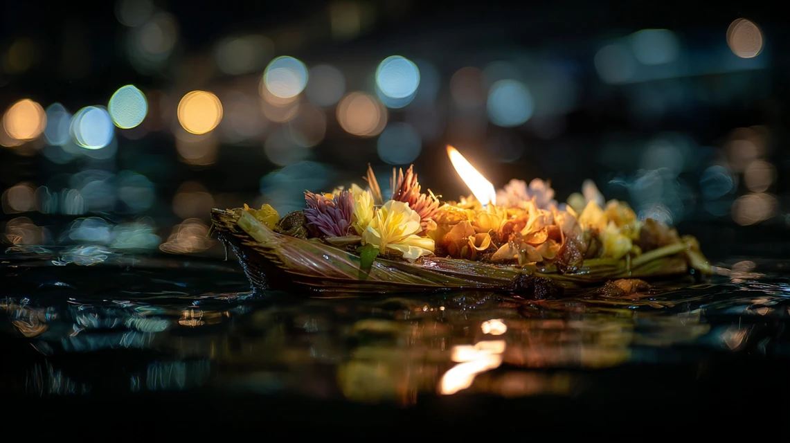 Floating Flower Offering with Candle at Night