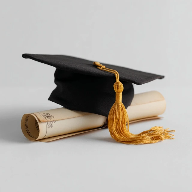 Graduation Cap and Diploma on White Background