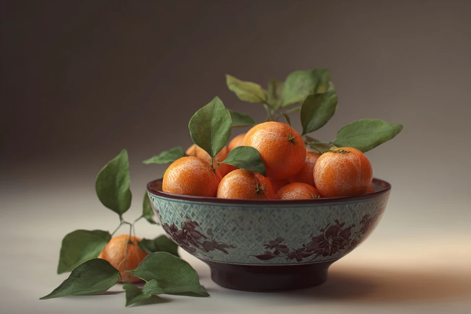 Bowl of Tangerines with Leaves Still Attached