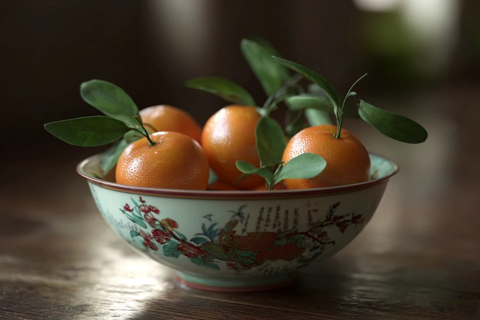 Bowl of Mandarins with Leaves Still Attached