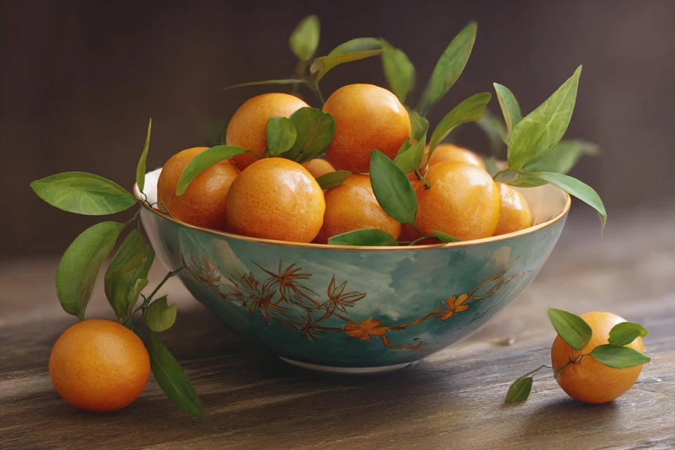Bowl of Oranges with Leaves Still Attached