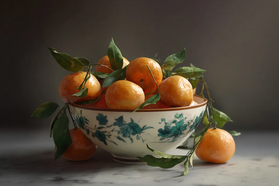 Still life of tangerines in a bowl