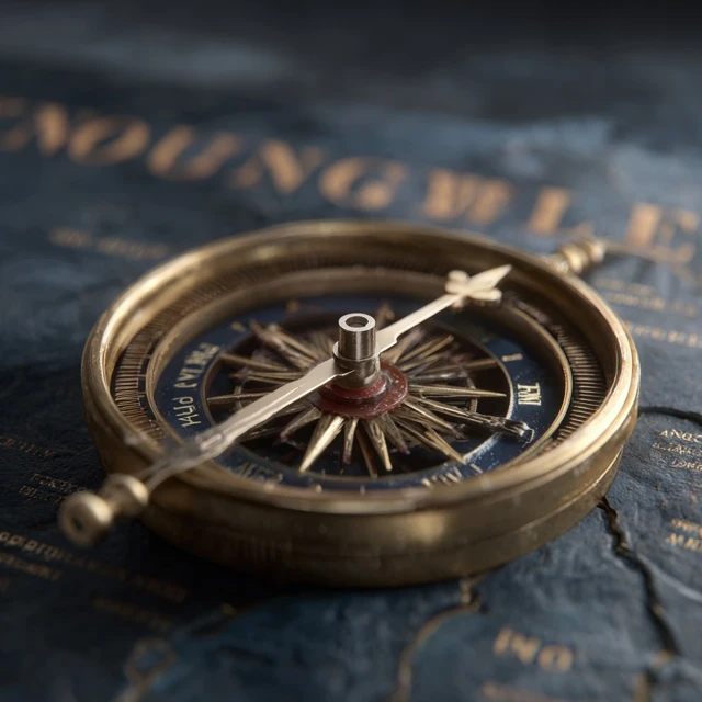 Antique Compass on Vintage Map Close-Up