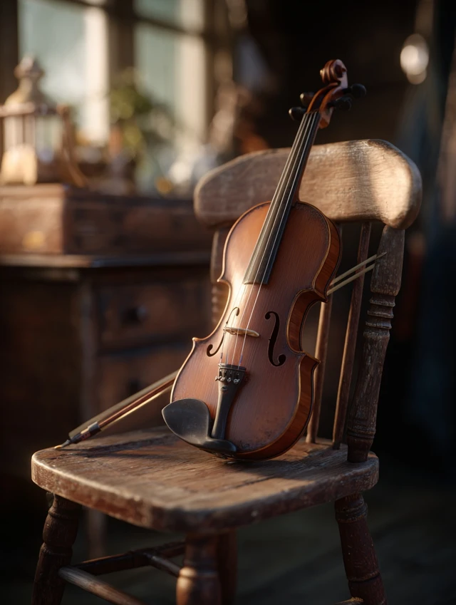 Violin Resting on Wooden Chair Still Life