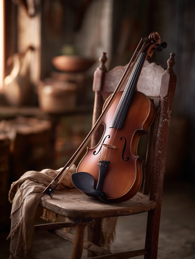 Violin on rustic chair with soft light