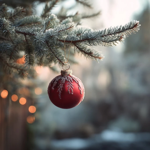 Red Christmas Ornament Hanging on Tree Branch