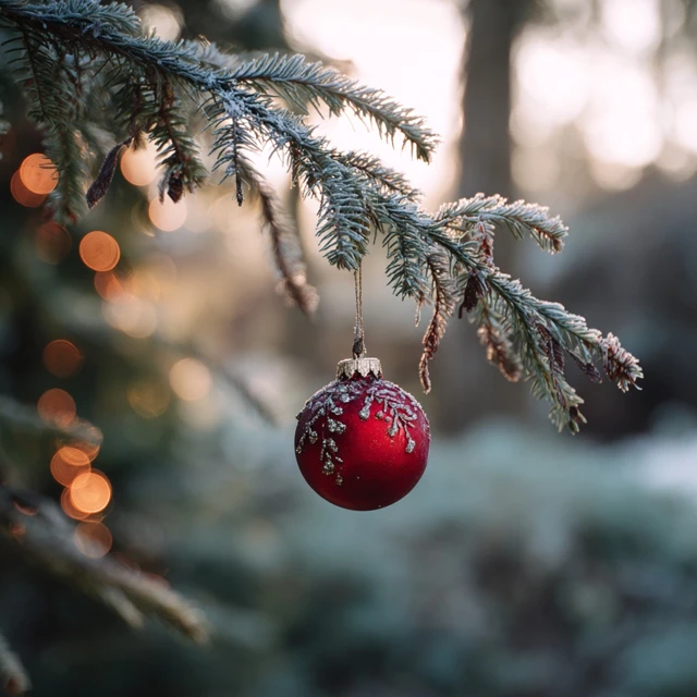 Red Christmas Ornament on Frosty Pine Branch