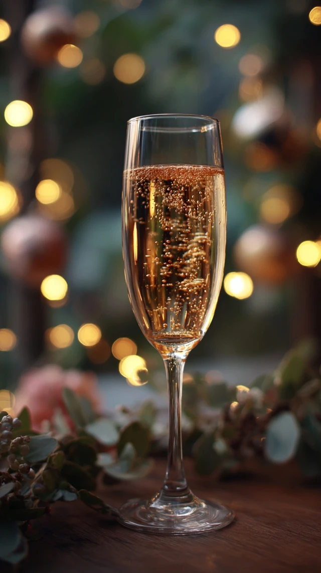 Elegant champagne glass with festive bokeh background
