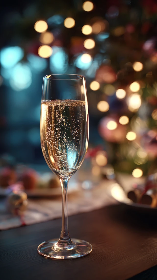 Champagne Glass with Festive Bokeh Background