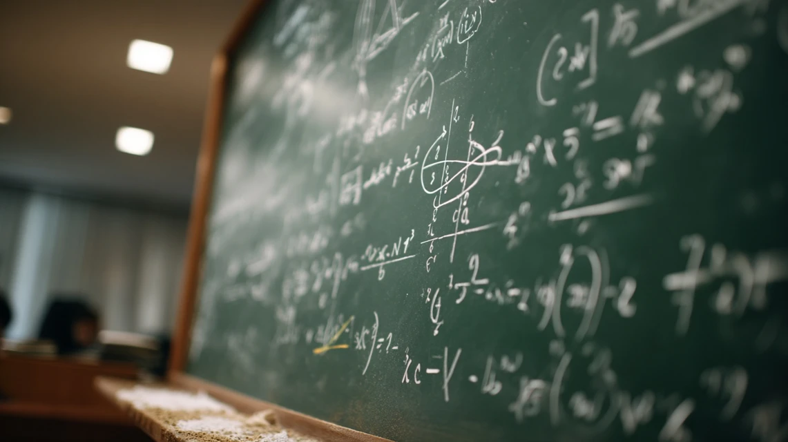 Chalkboard filled with complex math equations