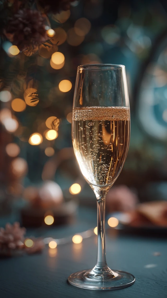 Champagne flute with festive bokeh background