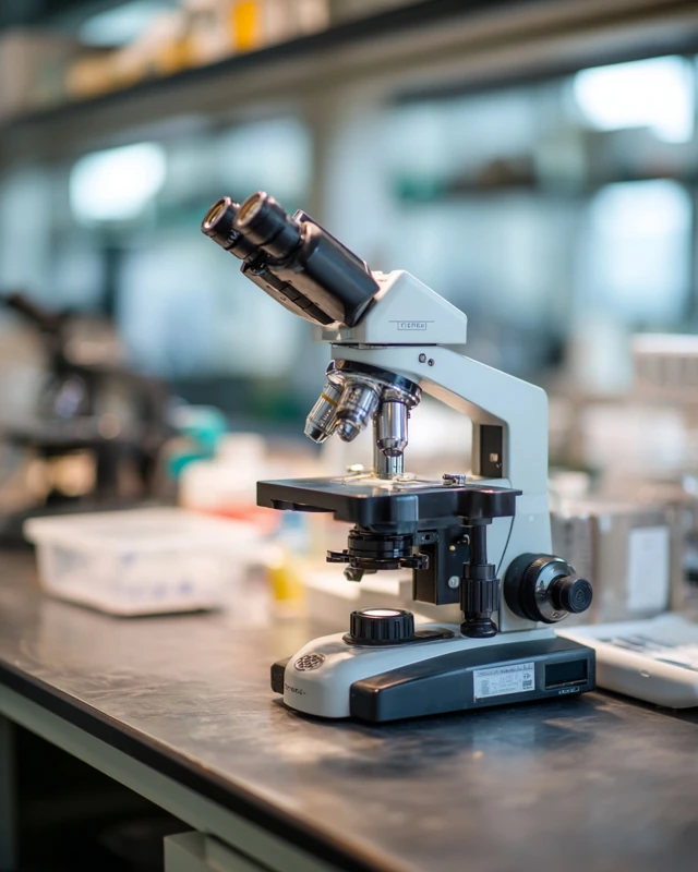 Microscope in a laboratory setting, close-up