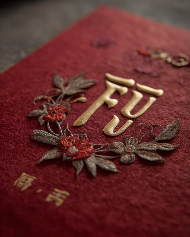 Embroidered Chinese "Fu" Character on Red Fabric