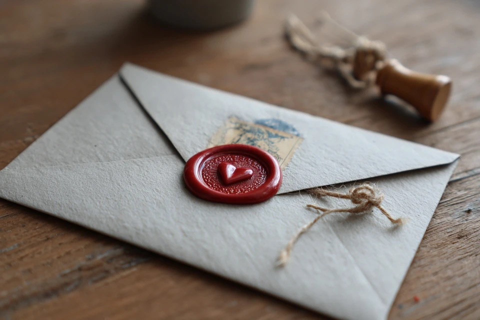 Sealed Letter with Heart on Wooden Table