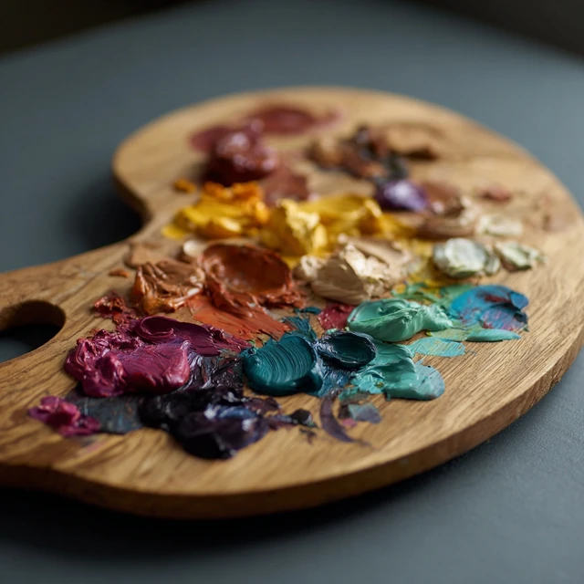 Wooden Palette with Colorful Oil Paints