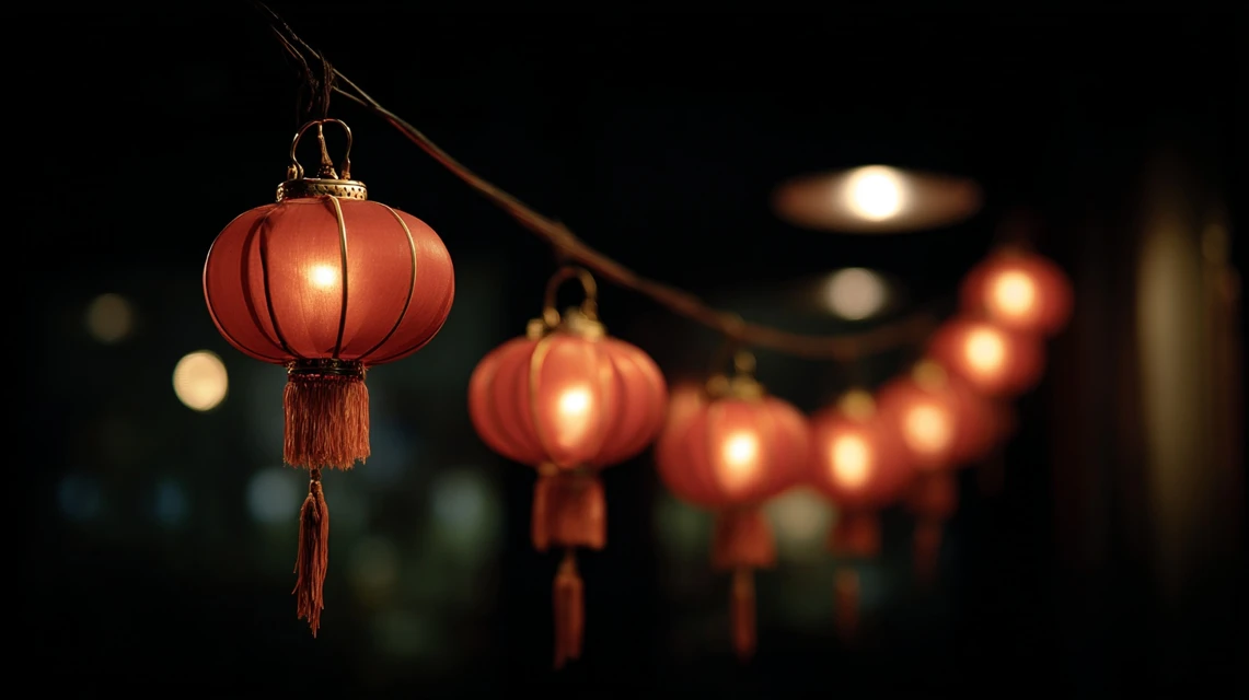 String of illuminated red Chinese lanterns