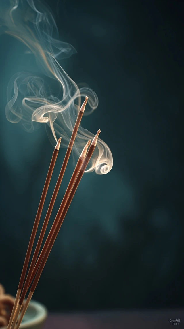 Burning Incense Sticks with Smoke on Dark Background