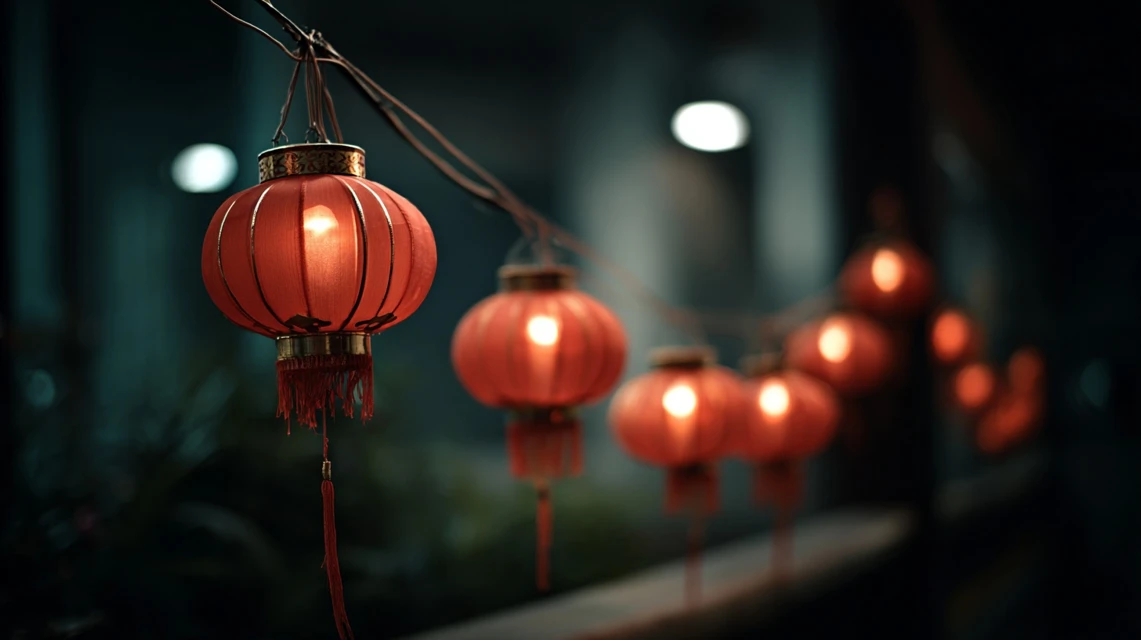 String of illuminated red Chinese lanterns