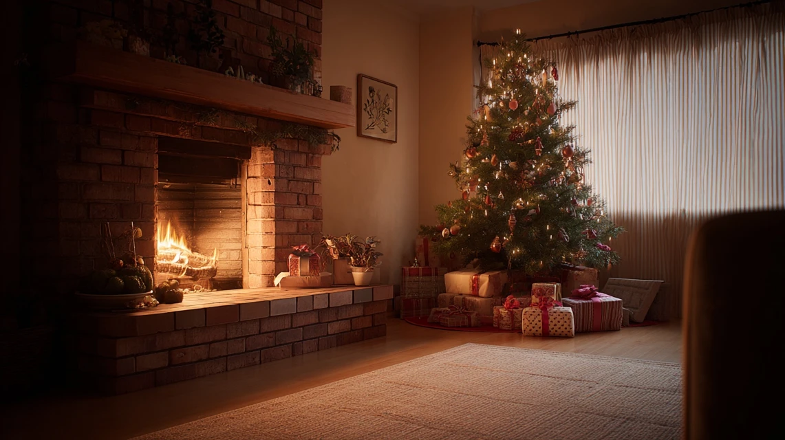 Cozy Christmas Scene with Fireplace and Tree