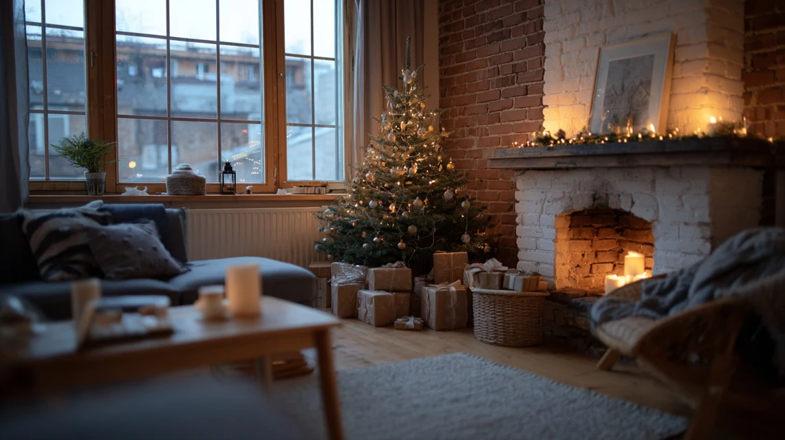 Cozy Christmas Living Room with Fireplace