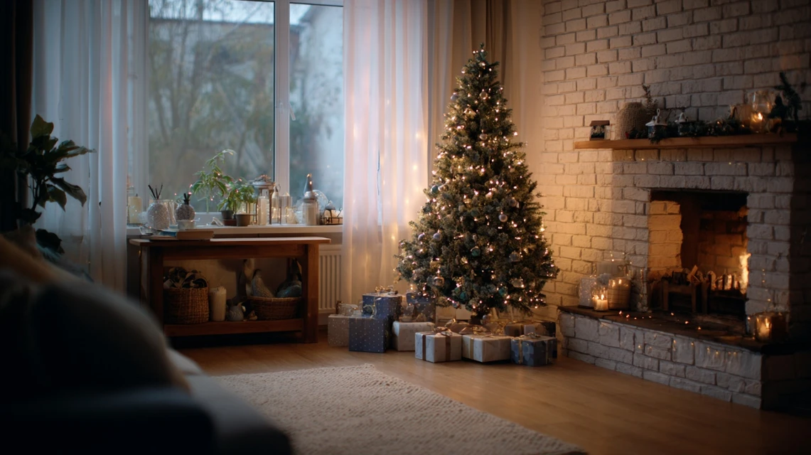 Cozy Christmas living room with fireplace