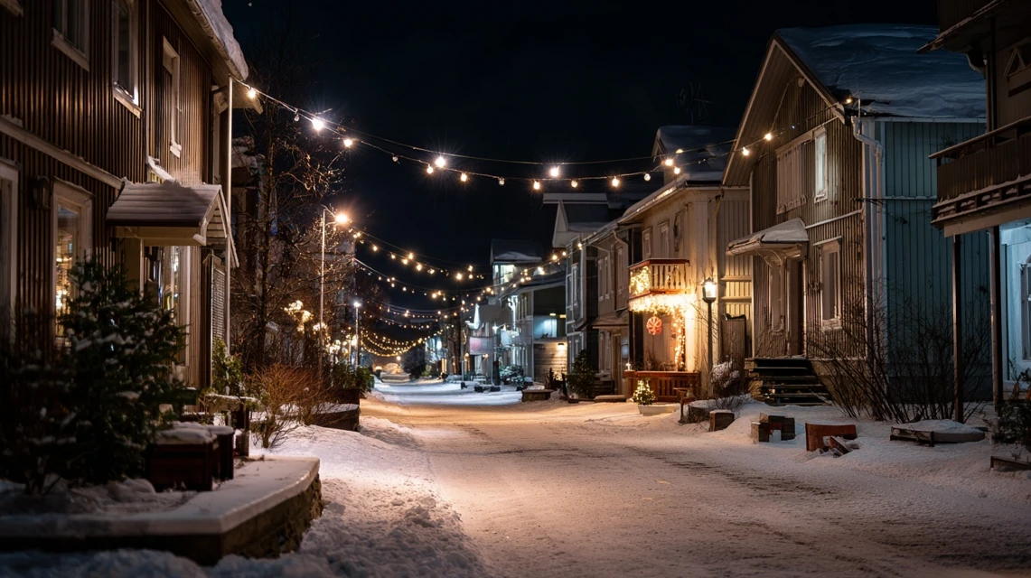 Snowy street at night with Christmas lights