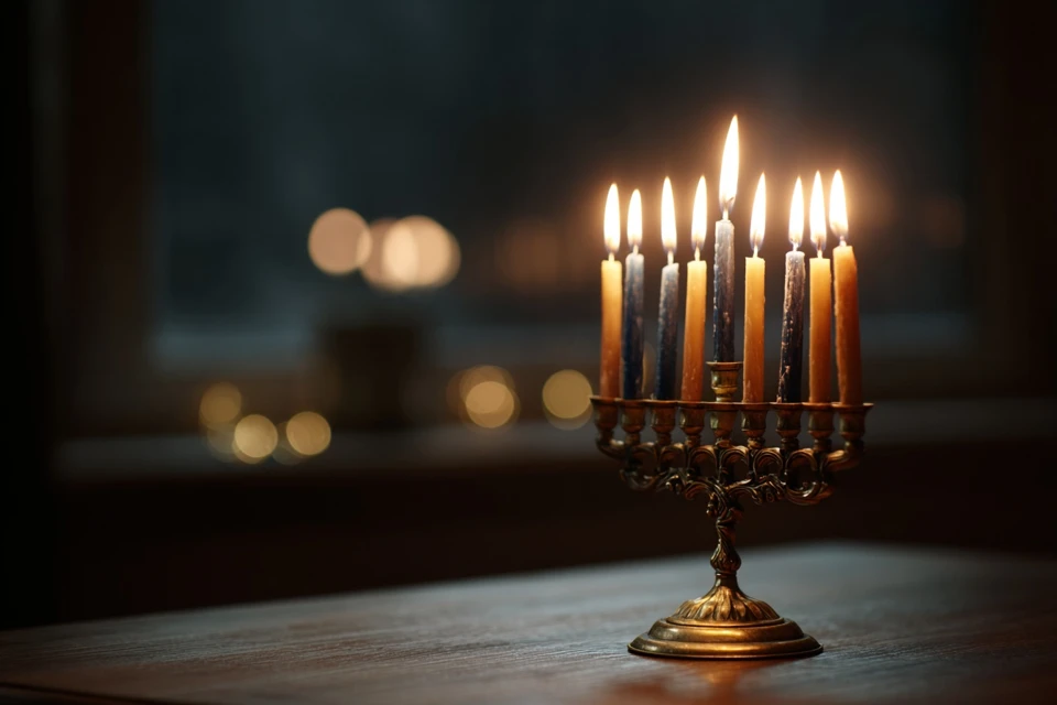 Hanukkah Menorah with Lit Candles on Table