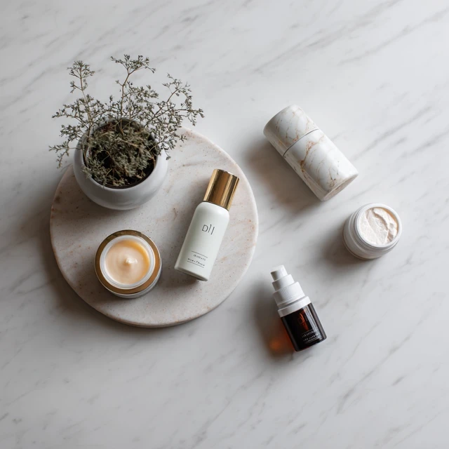 Elegant skincare products on marble background