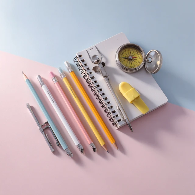 Pastel Pencils, Compass, and Notebook Still Life