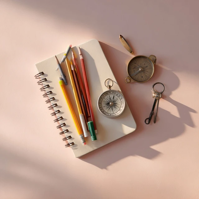 Notebook, Pencils, and Compasses on Pink Background
