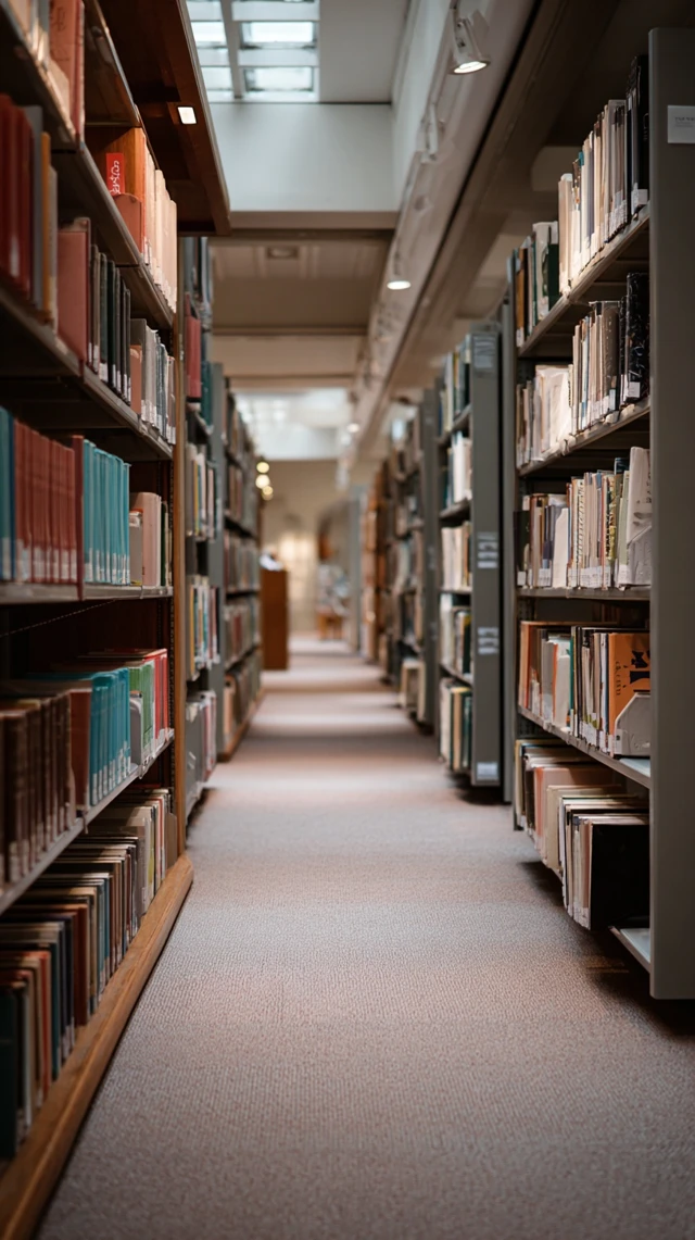 Library Aisle with Books and Carpet