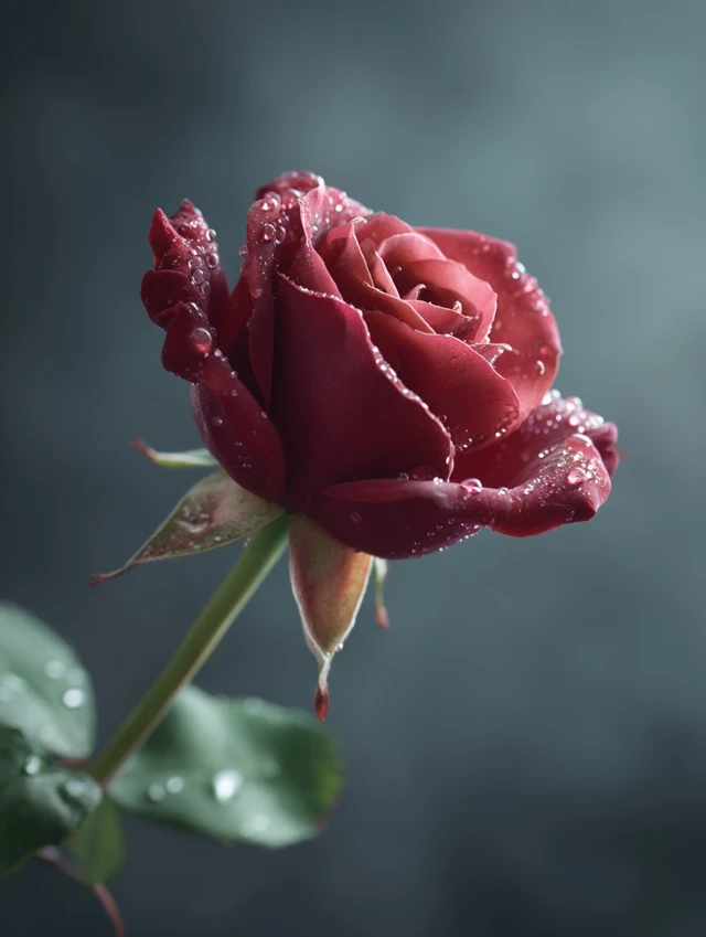 Close-up of a red rose with water droplets