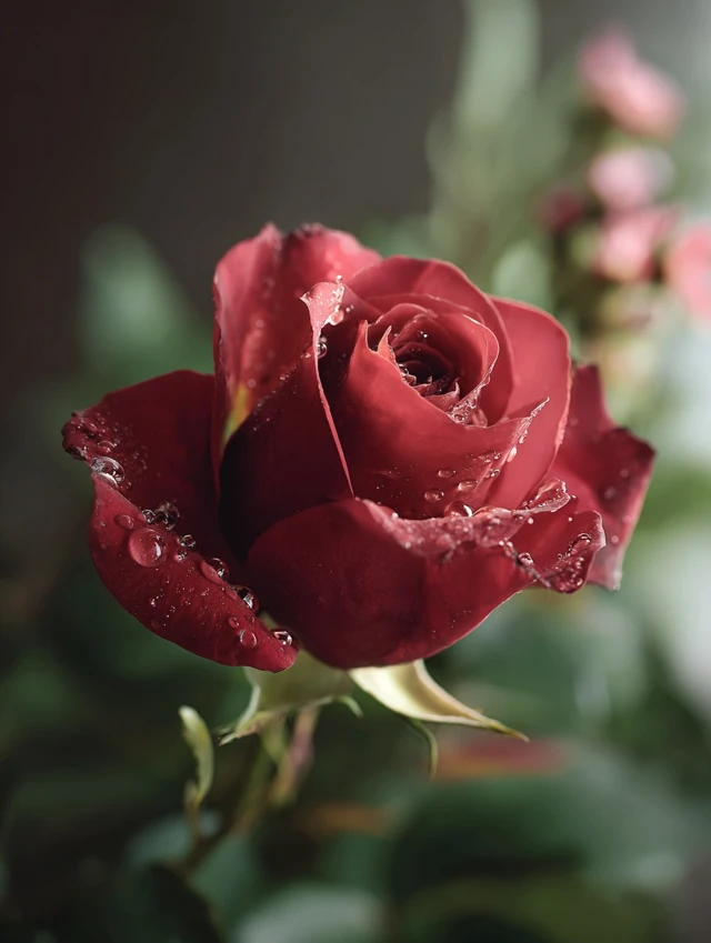 Close-up of a red rose with water droplets